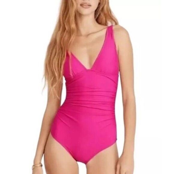 NWT J.Crew Plunge V Neck One Piece Bathing Suit Women’s Fuscia Pink Size 24 - Picture 2 of 11